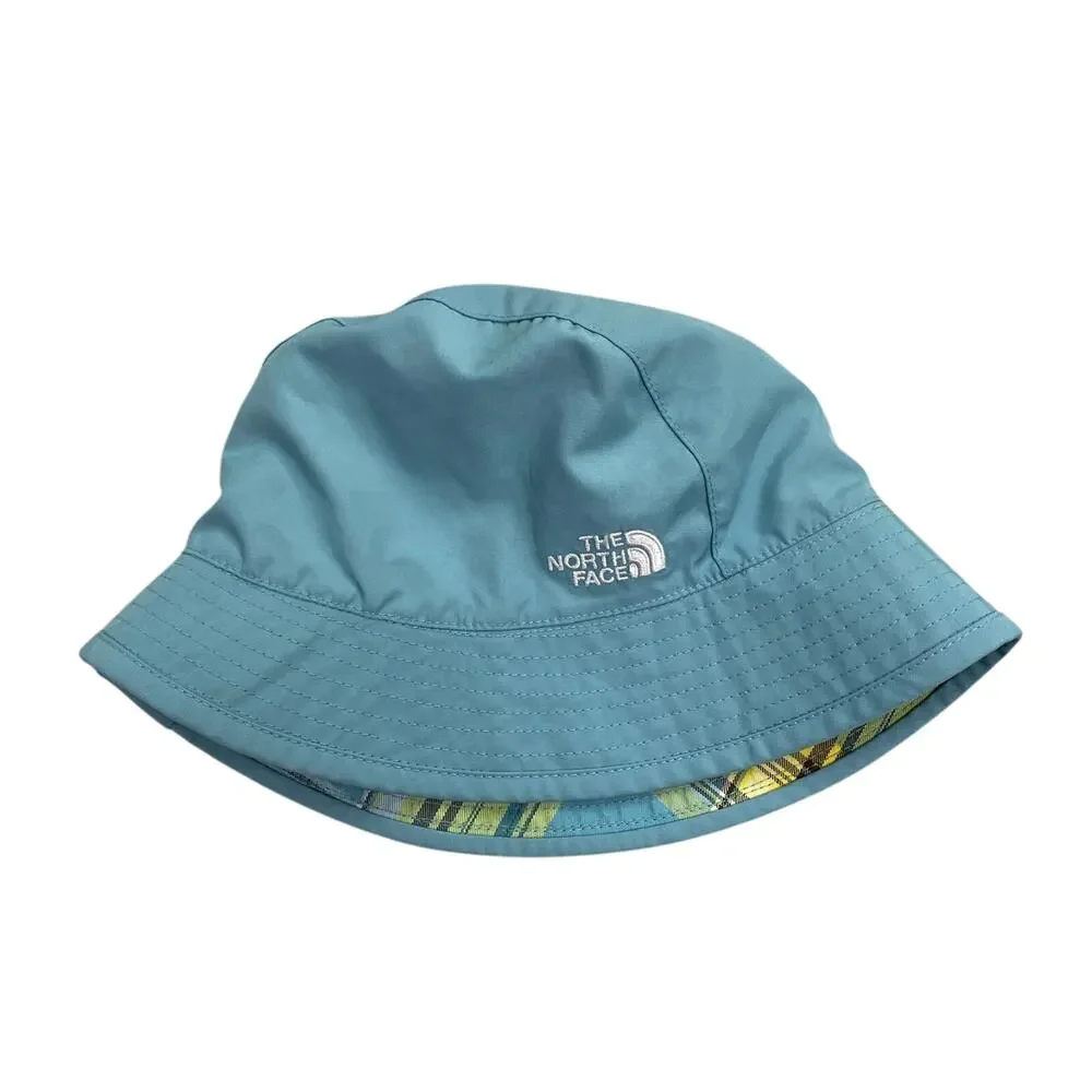 The North Face Reversible Bucket Hat‎ Girls One Size Blue Yellow Plaid UPF30 Sun